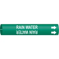 This snap-on pipe marker identifies rain water lines and fits pipe outer diameters of 4 to 6 inches. The green background with white legend text includes directional arrows to indicate flow direction. Suitable for use in industrial and commercial piping systems for clear identification of rain water lines