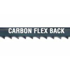 Carbon steel band saw blade with flex-back construction for curved cuts. Length 11 ft 6 in, fits widths 3/8 in to 1/2 in, 10 teeth per inch. Cuts wood, plywood, plastic, aluminum, and soft metal.