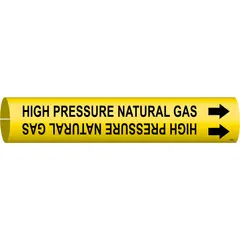 Yellow pipe marker with black legend reading 'High Pressure Natural Gas'. Fits pipe outer diameters of 4 to 6 inches. Includes directional arrows. Supplied as a single marker for identifying high-pressure natural gas lines in industrial piping systems.