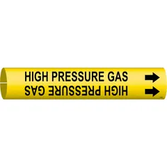 Yellow snap-on pipe marker with black legend reading 'High Pressure Gas' and directional arrows. Fits pipe outer diameters from 3/4 to 1-3/8 inches. Used to identify high-pressure gas lines in industrial piping systems for safety and compliance.