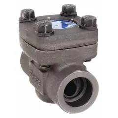 Forged steel inline piston check valve with 3/4 in pipe size and socket x socket female connections. Prevents reverse flow in industrial piping systems handling water, oil, or gas. Suitable for moderate-pressure applications requiring reliable backflow prevention.