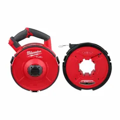 This Milwaukee fish tape features a 240 ft steel tape for routing wires and cables through walls, conduits, and ceilings. It is a bare tool designed for use with the M18 cordless system, sold without battery or charger.