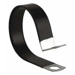 Galvanized steel loop clamp with PVC cushion for securing copper tube or pipe in piping systems. Fits 2 7/8 in copper tube, 2 1/2 in pipe, or 2 7/8 in max OD. The PVC cushion protects the tube surface while the galvanized steel clamp provides support.