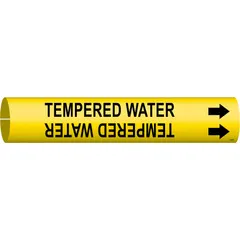 Yellow snap-on pipe marker with black 'Tempered Water' legend and directional arrows. Fits pipe outer diameters from 1-1/2 to 2-3/8 inches. Used to identify tempered water lines in industrial piping systems, aiding compliance with pipe-marking standards.