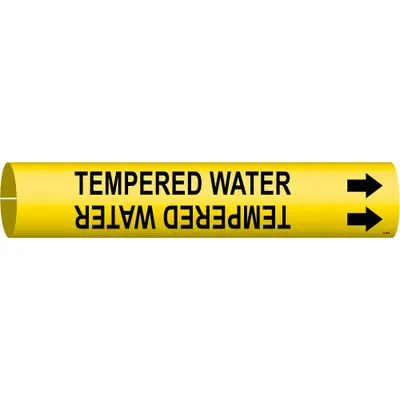 BRADY Pipe Marker: Tempered Water, Yellow, Black, Fits 1 1/2 to 2 3/8 in Pipe O.D. - Tempered Water Snap-On Pipe Markers