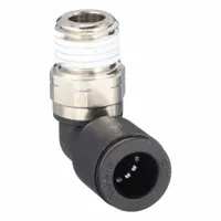 Push-to-connect elbow fitting for connecting 3/8 in OD tubing to 1/4 in male NPT threads. Nylon body with nickel-plated brass threads, black finish. Suitable for pneumatic or fluid systems requiring tool-free installation. Pack of 10