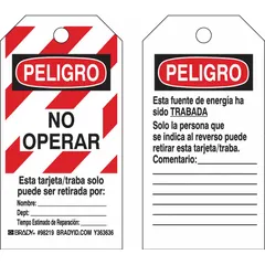 Heavy duty polyester lockout tag with write-on surface. Printed with 'Danger/Peligro' in Spanish. Used to communicate hazard information during equipment lockout/tagout procedures in industrial maintenance and service operations.