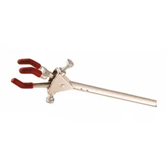 This lab clamp is constructed of nickel-plated zinc for corrosion resistance. It features 3 prongs and a 3/8 in arm diameter, with an overall length of 6 5/8 in. The dual-adjust mechanism allows precise positioning. Commonly used to hold glassware, tubing, or sensors in water baths and laboratory setups.