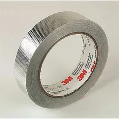 Ultra-conductive embossed foil tape for EMI/RFI shielding, grounding, and splicing. Silver acrylic construction, 5 mil thick, rated 600 V. Suitable for cable repairs, transformer wrapping, and control panel bonding in electrical and electronic applications.