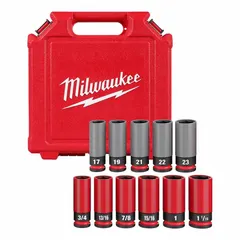 This 11-piece non-marring impact socket set is designed for removing and installing lug nuts on wheels without scratching rims. It includes sizes from 17 mm to 23 mm with a 1/2 in drive and friction retention design. Suitable for use with impact wrenches in automotive and tire service applications.
