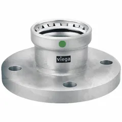 Press-fit flange for potable water systems, constructed of stainless steel with an EPDM seal. Rated for maximum operating pressure of 200 psi. Suitable for connecting stainless steel piping in commercial and industrial plumbing applications requiring corrosion resistance and quick installation.