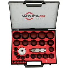 This 27-piece gasket punch set includes hollow punches with SAE sizing, ranging from 1 in to 2 3/8 in overall length. Punches are used for cutting clean holes in gasket materials for maintenance and repair tasks. The set is organized in a vinyl case for storage and portability.