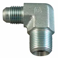 This rigid 90° elbow adapter features male NPTF threads on both ends, sized 1/2 in x 1/2 in. It is used to connect two male-threaded ports in hydraulic systems, providing a leak-resistant, space-saving turn. Typical applications include fluid power circuits and industrial machinery where a compact 90° connection is required.