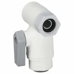 Three-way ball valve with L-port cross flow configuration for diverting or mixing flow. One-piece polypropylene body with lever handle. Connections: push x male NPT x female NPT. NSF 51 compliant for potable water and food-contact applications.
