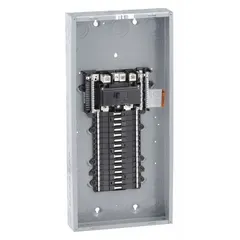 This 200A, 1-phase, 120/240V AC load center is designed for indoor electrical distribution in residential or light commercial settings. It features 30 spaces for branch circuit breakers, a 22kA short-circuit current rating, and a convertible main breaker or main lug configuration. The plug-on neutral design simplifies installation. Enclosure cover is ordered separately.