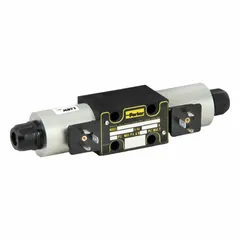This solenoid-operated directional control valve is a D03 NFPA size, three-position unit with a 12V DC solenoid. It is used to direct hydraulic fluid flow in industrial machinery such as material handling equipment, machine tools, and automation systems.