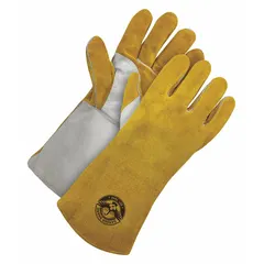 These stick welding gloves are constructed with premium yellow cowhide leather palm and backing, featuring a wing thumb style and a gauntlet cuff. The reinforced thumb crotch adds durability in high-wear areas. Suitable for arc welding, MIG, and TIG processes, as well as fabrication, repair, and industrial maintenance applications.