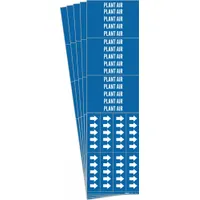 Blue adhesive pipe markers with white 'Plant Air' legend and arrows, for pipes with outside diameter of 3/4 inch and smaller. Each pack contains 3 markers; sold in a 5-pack. Used to identify compressed air lines in industrial piping systems