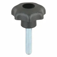 Plastic body with steel M8 threaded stud. 7-arm design for ergonomic grip. Used for manual adjustment, positioning, and clamping on industrial machinery, jigs, and fixtures.
