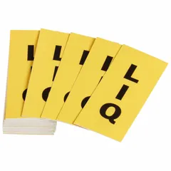 Replenishment labels for pipe marking systems. Each pack contains 50 yellow pipe markers with black 'LIQ' legend and directional arrows. Designed for pipes with outer diameter from 2-1/2 to 7-7/8 inches. Used to identify liquid lines in industrial piping systems.