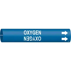 Blue pipe marker with white legend reading 'Oxygen' for identifying oxygen lines. Fits pipe outer diameters of 4 to 6 inches. Includes directional arrows. Supplied as a single marker.