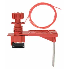 This nylon universal valve lockout is designed for lockout/tagout procedures on valve handles up to 1 inch wide. It features an 8-foot cable and a fiberglass reinforced nylon body for secure isolation. Suitable for various valve types in industrial settings.