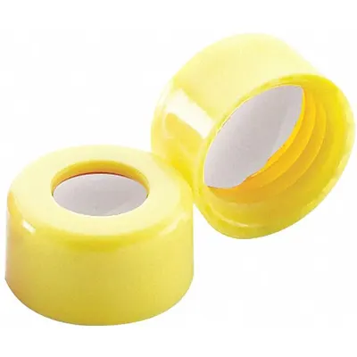 WHEATON Cap: 11 mm Dia, Yellow, Polypropylene, PTFE/Silicone, 9 mm Screw Closure Size - Screw On Caps