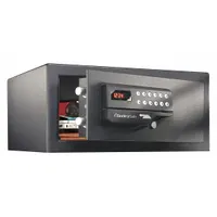 This hotel safe features a card swipe lock for keycard access, providing secure storage for guest valuables. With 1.09 cu ft capacity and steel construction, it accommodates laptops, documents, and personal items. Operates on AA alkaline batteries and is not fire rated