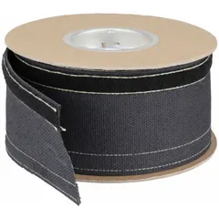 This hook-and-loop cable wrap sleeving is made of black fiberglass and resists welding splatter and high temperatures from -76°F to 750°F. It has a 1-inch inside diameter and a 25-foot length, with a non-expandable design. Used to protect cables and hoses from sparks and heat in welding environments.
