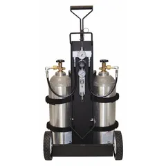 This cylinder cart is designed for transporting and securing 4500 psi high-pressure SCBA cylinders. It supports a maximum pressure of 4,500 psi and has an empty cart weight of 49 lb. Suitable for moving breathing-air cylinders between filling stations and work areas in various settings.