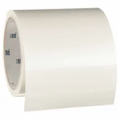 Clear polyester label protection tape with permanent adhesive. Measures 4 1/2 in height by 4 1/4 in width. Used to protect printed labels from abrasion, chemicals, and moisture in industrial environments.