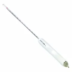 Brix hydrometer with plain form scale, range 0/6, and 0.1 scale divisions. Overall height 11 3/4 inches. Used to measure sugar content in liquids for food processing, beverage production, and quality control.