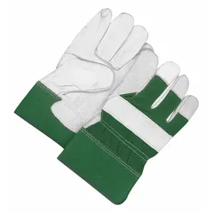Standard work gloves with full-finger design and leather palm coverage. Cowhide leather palm in beige provides abrasion resistance; green cotton canvas back and cotton fleece liner offer comfort and moderate insulation. Suitable for general material handling, light assembly, and maintenance tasks.
