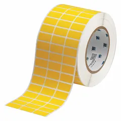 Polyimide wraparound label with black-on-yellow printing, sized 1/2 in x 1 in. Designed for wire gauges 28 AWG to 20 AWG. Compatible with i7100 printer series and requires R4307 ribbon. Used for permanent identification of wires in electrical panels and similar applications.
