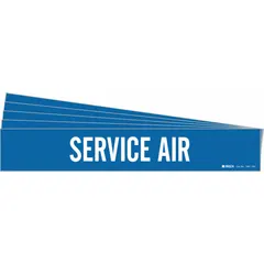 Blue adhesive pipe marker with white legend 'Service Air' for identifying compressed air lines. Fits pipes with outer diameter 8 inches and larger. Each pack contains 5 markers without directional arrows. Suitable for industrial piping systems requiring clear identification of service air lines.