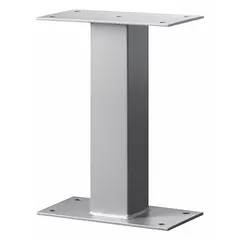 This gray powder-coated aluminum pedestal is designed for bolt-mounted surface installation of compatible drop boxes. It measures 16 inches high by 3 1/2 inches wide and deep. No mounting hardware is included.