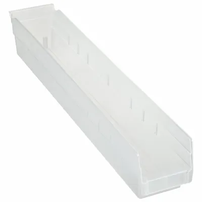 AKRO-MILS Shelf Bin: 23 5/8 in Overall Lg, 4 1/8 in x 4 in, Clear, Nesting Capable - Clearview Plastic Shelf Bins