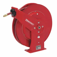 Spring-return hose reel with 50 ft capacity for 3/8 in I.D. hose. Features 1/4 in MNPT inlet and outlet, nickel-plated steel swivel, and red finish. Maximum operating pressure 4,800 psi. Overall dimensions 19-3/4 in L x 7 in W x 20-1/4 in H. Used for dispensing grease in lubrication systems.