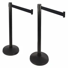 This retractable belt barrier system includes two black posts with a 40 1/2 in height and a 10 ft belt length. The round sloped base provides stability for managing pedestrian traffic and defining secure zones in industrial facilities, warehouses, and public spaces.