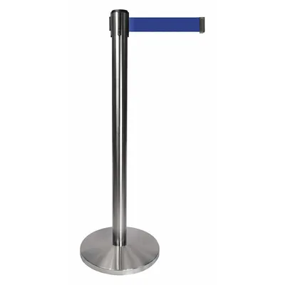 QUEUEWAY Barrier Post with Belt: Blue, No Pattern, No Legend, 10 ft Belt Lg, Silver - Solid-Color Retractable Belt Post Barriers