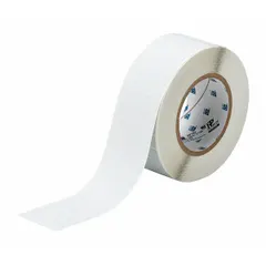 Precut label roll measuring 2 13/64 in x 1/2 in, made of metalized polyester in gray. Halogen-free material suitable for applications requiring low-halogen content. Designed for use with the BBP81 printer series. Used for wire, cable, and component identification in industrial environments.