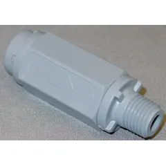 This inline PVC ball check valve prevents backflow in piping systems. It features a 1/4 in pipe size and a stainless steel ball for reliable sealing. Suitable for water, chemical, and industrial fluid lines in vertical or horizontal installations.