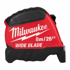 This 26 ft / 8 m tape measure features a plastic body in black and red with Metric/SAE graduations and 1/16 in increments. It includes a manual lock and a nonmagnetic single hook tip. Suitable for measuring distances in construction, electrical, and general industrial applications.