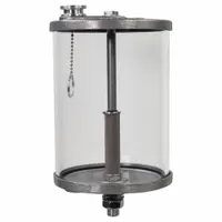 Gravity feed oil reservoir from the R100 series. Constructed with an aluminum body and UNF threads. Used in industrial lubrication systems to deliver oil by gravity to bearings, chains, or other moving components in manufacturing, machining, and material handling equipment