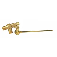 This float valve assembly features a brass angle valve body for horizontal piping, with an adjustable arm and male NPT connections on both sides. It delivers 18 gpm at 65 psi and includes a rod with 1/4"-20 thread; a separate float is required. Used to automatically control water levels in tanks or reservoirs.