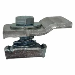 This steel hold down clamp secures cable ladders or trays to support structures, preventing movement from vibration or thermal expansion. It is used in electrical installations for maintaining cable routing integrity in industrial, data center, and infrastructure applications.