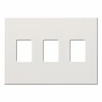 General-purpose wall plate for covering three switches or dimmers in a single gang opening. Made of white plastic, standard size. Suitable for indoor dry locations