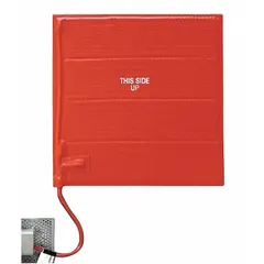 Fiberglass-reinforced silicone rubber heating blanket with metal construction, grounded, and radiation resistant. Provides controlled surface heating for freeze protection, process temperature maintenance, and preheating on metal surfaces. Requires a controller.