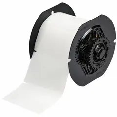 Acrylic, permanent-adhesive label roll with halogen-free material properties. Contains 700 precut labels measuring 2 in x 3 in. Compatible with BBP33, i3300, and i5300 printer series. Used for industrial identification and tracking of equipment, components, and assets.