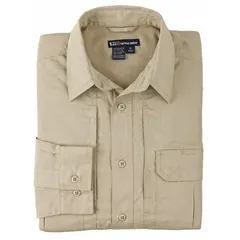 Men's tactical collared work shirt in Khaki, size 5XL Tall. Features a button front and long sleeves. Constructed from cotton for durability and comfort. Suitable for law enforcement, security, and outdoor professional use.